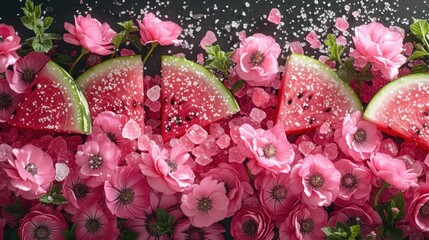  a group of slices of watermelon surrounded by pink flowers and sprinkles on a black background with a splash of watermelon in the middle.