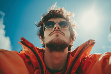 Portrait of a young man wearing sunglasses against a blue sky, bottom view.
