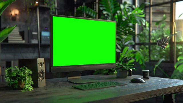High-tech computer in an office with green screen, zooming effect.