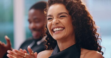 Smile, clapping hands and young woman listening to a speech at a formal event, dinner or party. Laughing, applause and happy female person from Colombia at a luxury, fancy or elegant celebration.