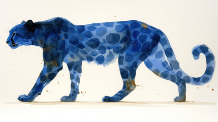  a painting of a blue leopard with spots on it's face and tail, walking away from the camera, on a white background, with a white background.