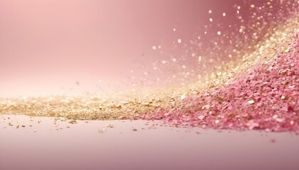 Glitter rose gold particles stage and light shine abstract background. Flickering particles with...