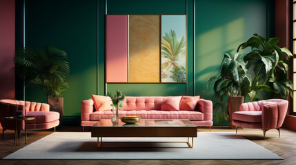 A modern living room with a stylish color blocking of pink and green
