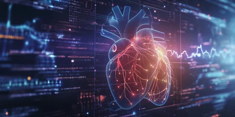 Fotobehang 3D rendering of a human heart on a computer holographic screen background © Usama