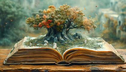 Open book with tree, visual composition with literary element, April, National Poetry Month  - Powered by Adobe