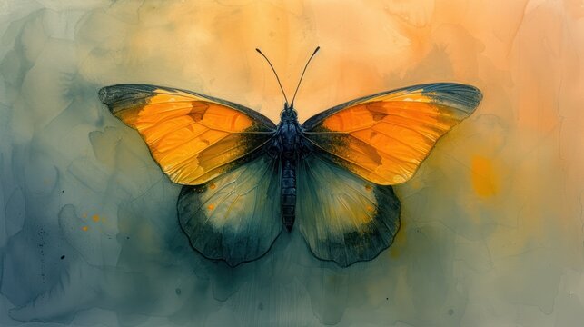  a painting of a yellow and black butterfly on a blue and yellow background with watercolor stains on the bottom half of the wings and bottom half of the wings.
