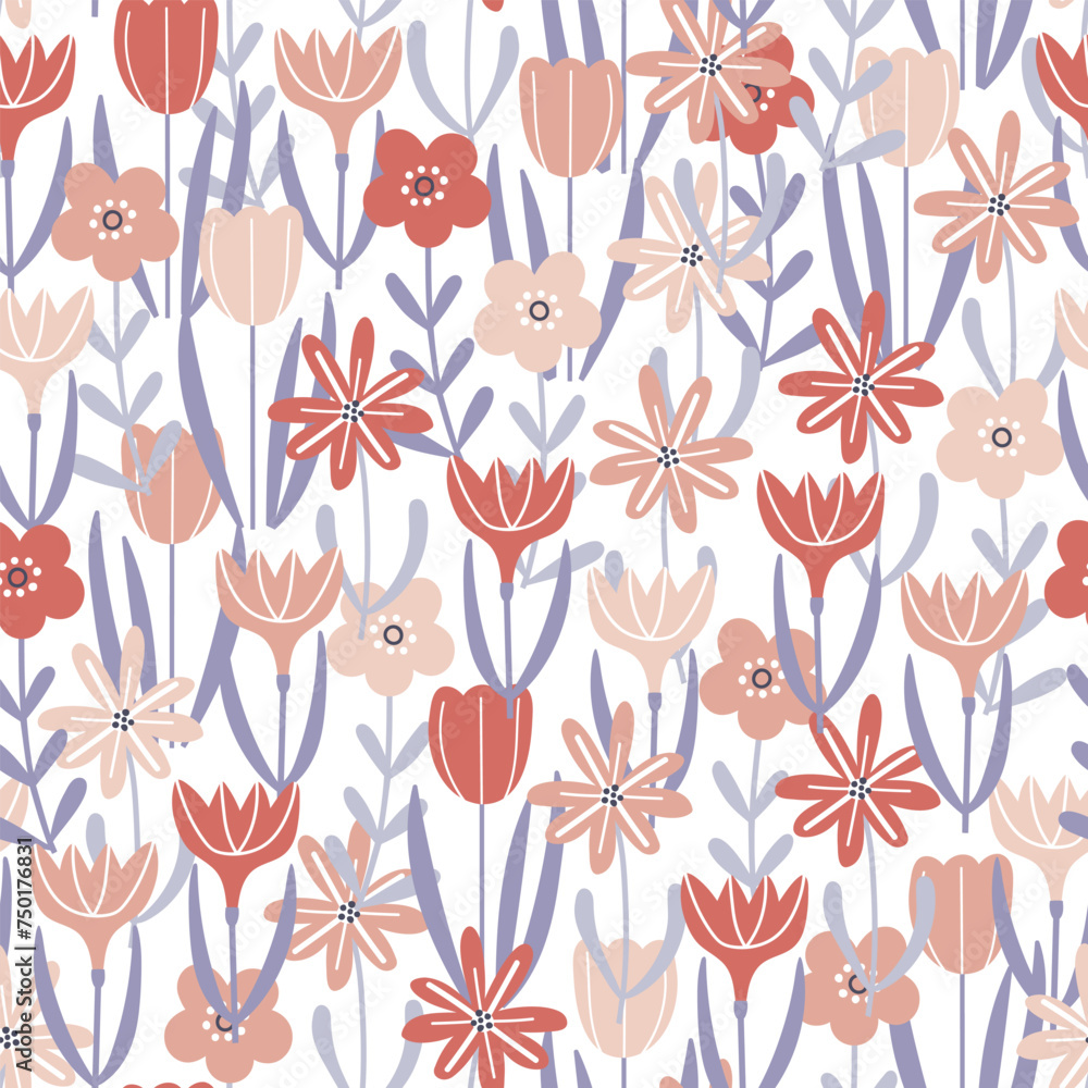 Poster Simple stylized flowers mix seamless pattern