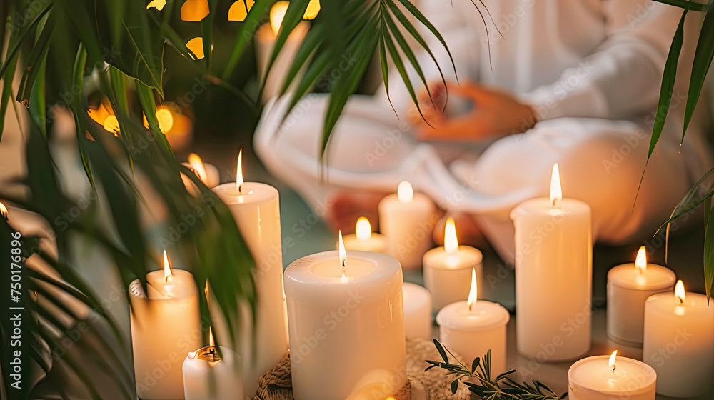 Poster a group of white candles is placed on top of a wooden table, creating a simple and elegant display