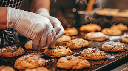 A person wearing white gloves baking cookies in a kitchen setting