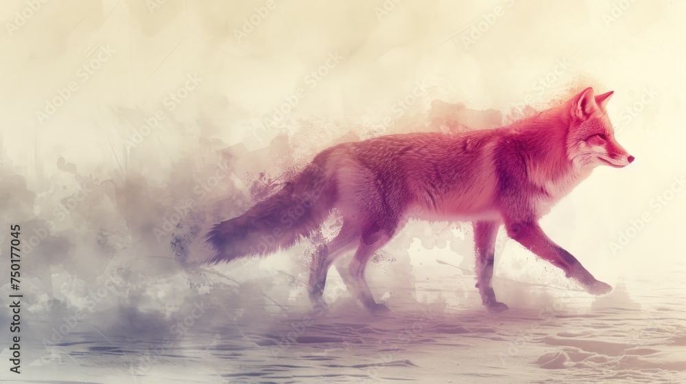 Poster a picture of a wolf walking in the snow with a blurry background in the foreground and the image of 