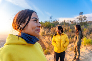 Close up Female face Women Happy Smiling . Three l Young lady People Having Fun.Concept of:trekking, freedom, travel, exploration, motivation