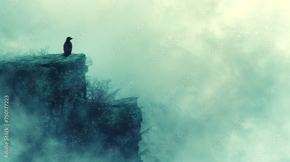 Poster a bird sitting on top of a cliff in the middle of a foggy sky with a bird perched on top of a cliff 