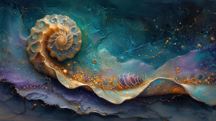  a painting of a seashell on a blue, purple, and gold background with gold flecks on the bottom of the shell and bottom of the shell.