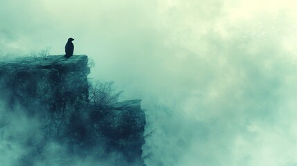  a bird sitting on top of a cliff in the middle of a foggy sky with a bird perched on top of a cliff in the middle of the fog.