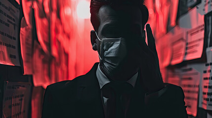 A man dressed in a formal suit, wearing a protective face mask over his mouth and nose - obrazy, fototapety, plakaty