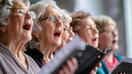A group of elderly women are gathered together, singing in harmony as part of a choir performance