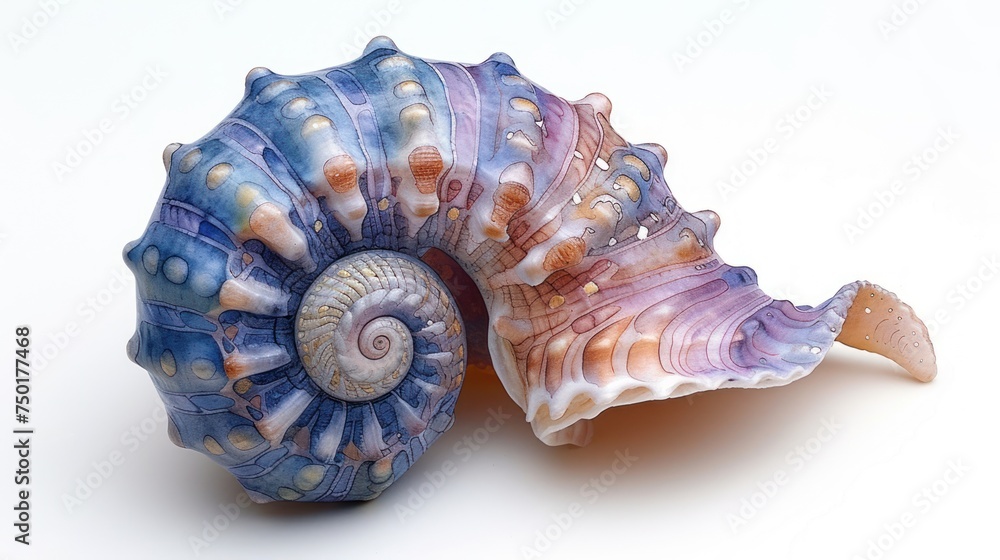 Poster a close up of a sea shell on a white surface with a light reflection on the shell and a light reflec
