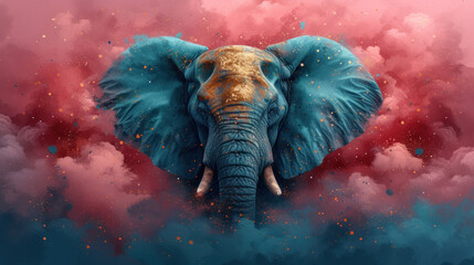  a painting of an elephant's head in the air with clouds and stars in the sky in front of a pink and blue sky filled with clouds and red hued background.