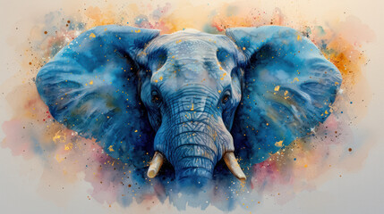  a painting of an elephant's head with paint splatters all over it's body and it's tusks, and tusks, and tusks, it's tusks, it's tusks, and tusks,.