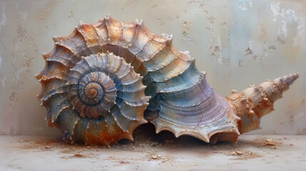  a couple of seashells sitting on top of a counter top next to a wall with peeling paint on the walls behind them and peeling paint chipping off the walls.