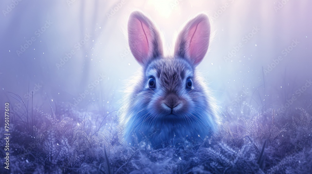 Poster a close up of a rabbit in a field of grass with trees in the background and snow on the ground and g