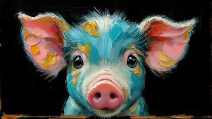  a painting of a pig's face painted with acrylic paint on a black background with a gold border around the pig's ear and the pig's nose.