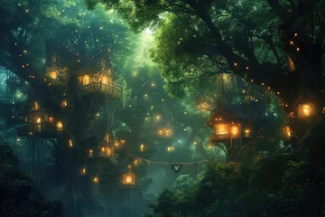Poster A fantasy scene of a hidden elven city in an ancient forest, with magical treehouses and glowing lights. Resplendent. © Summit Art Creations