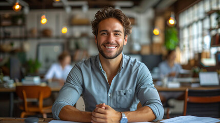 Portrait of a young businessman smiling at the camera, sitting at a desk in the office and working with documents  - obrazy, fototapety, plakaty