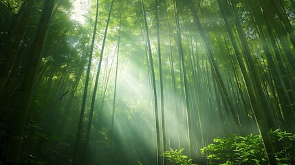 A dense bamboo forest with sunlight filtering through, highlighting the importance of forests in carbon sequestration