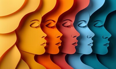 Paper cut illustration. Symbols of international women's day, paper cut faces, different women from around the world
