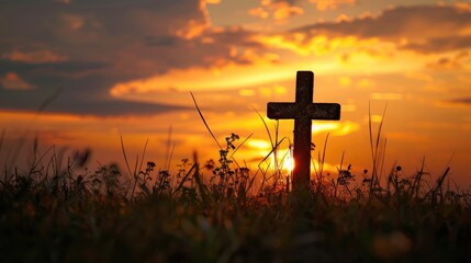 christian cross on sunset background - obrazy, fototapety, plakaty