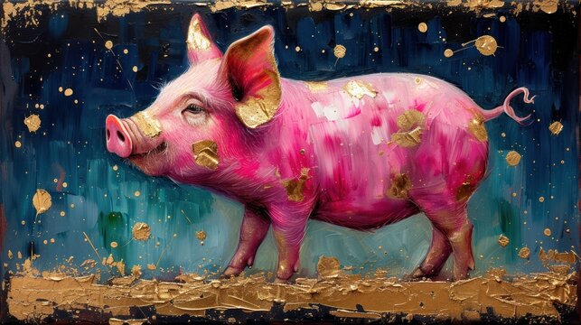  a painting of a pink pig with gold spots on it's face, standing in front of a blue background with gold flecks and gold flecks.