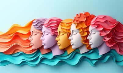 Paper cut illustration. Symbols of international women's day, paper cut faces, different women from around the world