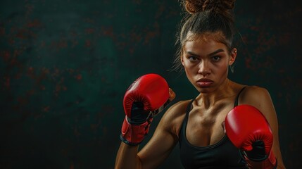 Kickboxing woman in activewear and red kickboxing gloves on black background performing a martial arts kick. Sport exercise, fitness workout.