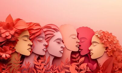Paper cut illustration. Symbols of international women's day, paper cut faces, different women from around the world