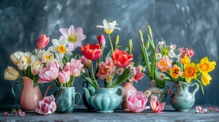 Spring and Summer Blooms in a Decorative Teapot Cup Vase Generative AI