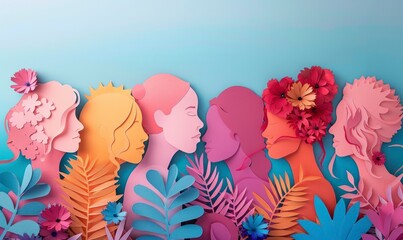 Paper cut illustration. Symbols of international women's day, paper cut faces, different women from around the world