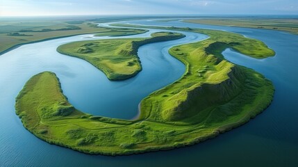  an aerial view of a body of water with a green island in the middle of the water and a green island in the middle of the water in the middle of the water. - obrazy, fototapety, plakaty