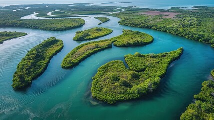  an aerial view of an island in the middle of a body of water with a number of islands in the middle of the water and trees in the middle of the water. - obrazy, fototapety, plakaty