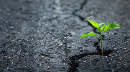 Small and green plant grows through urban asphalt ground. Green plant growing from crack in asphalt on road. Space for text or design.
