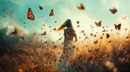 surreal encounter between a woman and free butterflies flying in the middle of natur