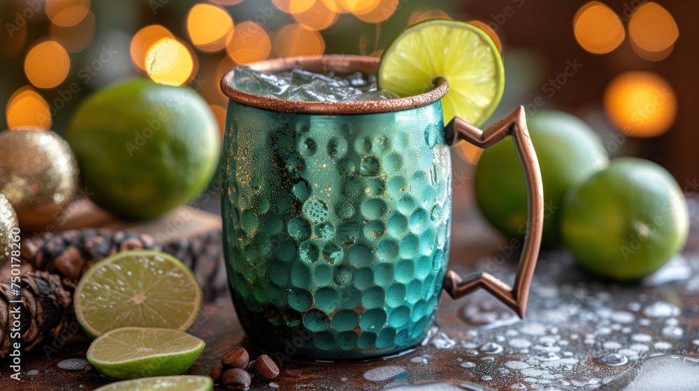 Aufkleber a close up of a drink in a mug with limes and pine cones on a table next to a pine cone and a christ