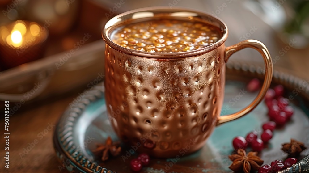 Poster a close up of a cup on a plate with a candle in the background and a plate with a star anisette on i