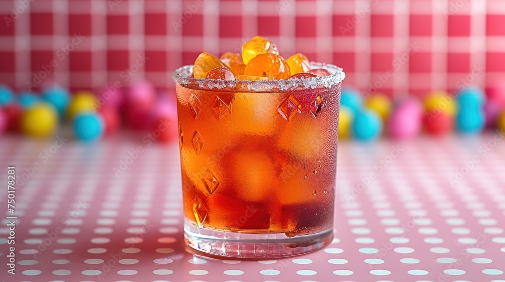 Poster a close up of a drink in a glass on a table with a checkered tablecloth and colorful balls in the ba