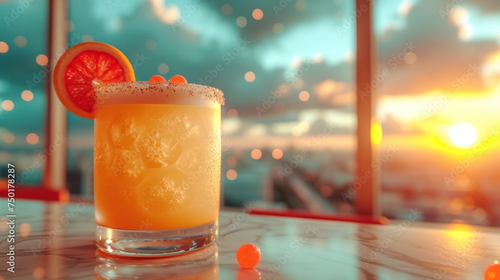 Poster a close up of a drink on a table in front of a window with a view of a city and a sky in the backgro