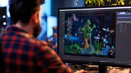 A creative professional works on 3D animation editing, with colorful visuals displayed on a computer monitor in a studio setting. - obrazy, fototapety, plakaty