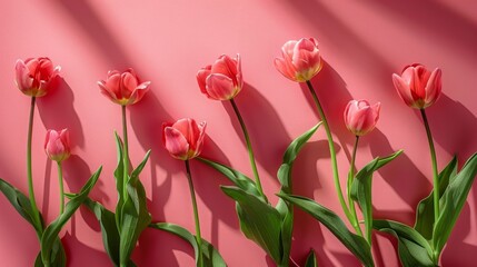 Vibrant Spring Tulips on Pastel Pink Background Generative AI