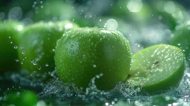  a close up of a green apple with water splashing on the top of it and a green apple in the middle of the image with water droplets on the surface.