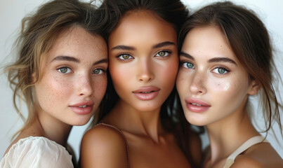 Ritratto di 3 visi di di belle donne con bellezza naturale e pelle liscia e luminosa, scatto di beauty,etnie diverse , sfondo bianco, 