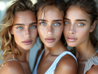 Ritratto di 3 visi di di belle donne con bellezza naturale e pelle liscia e luminosa, occhi azzurri,  scatto di beauty,etnie diverse , sfondo bianco, 